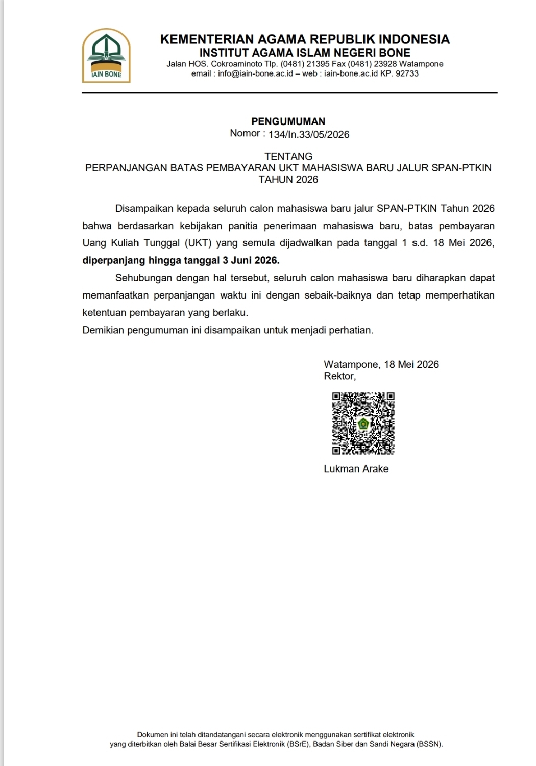 Perpanjangan Pembayaran UKT Mahasiswa Baru Jalur SPAN-PTKIN Tahun 2026 dan Penerbitan NIM 