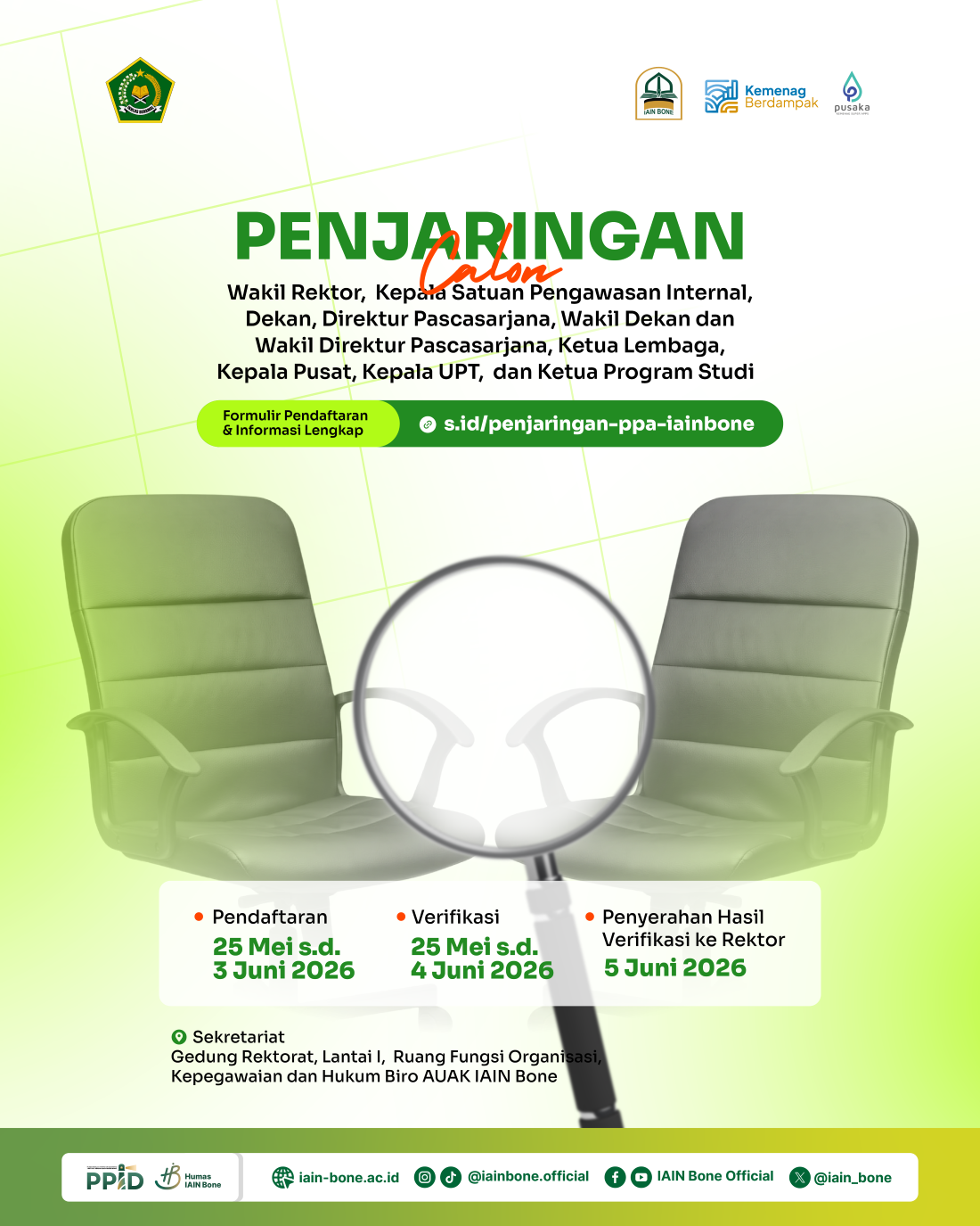 Rektor IAIN Bone membuka Penjaringan Calon Wakil Rektor, Calon Kepala Satuan Pengawasan Internal dan Pelaksana Akademik  Institut Agama Islam Negeri Bone 2026 - 2030